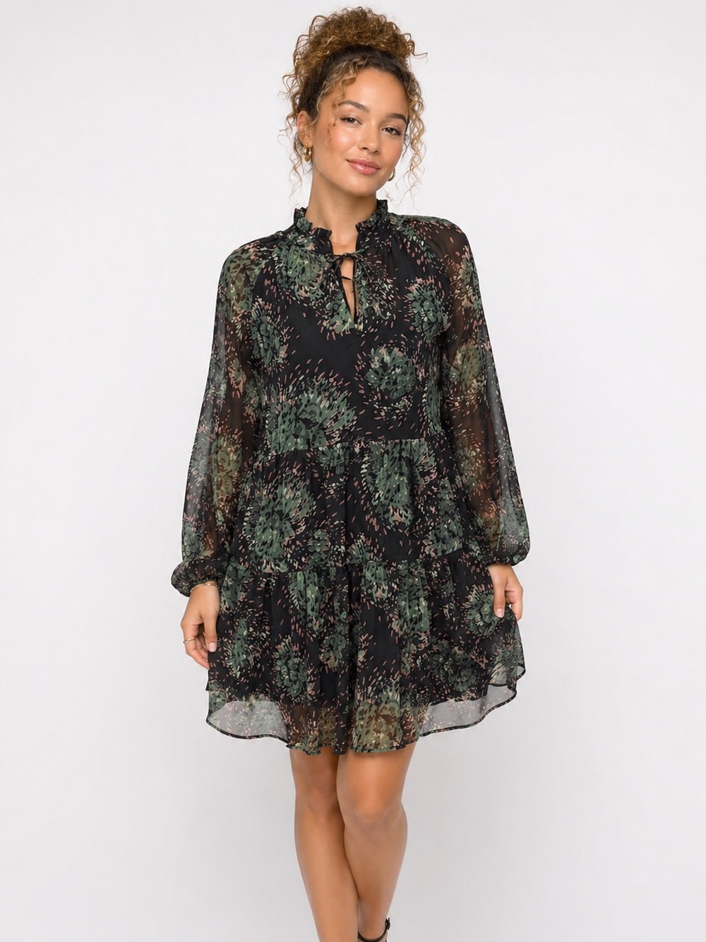 Entro Floral Black and Green Chiffon Dress